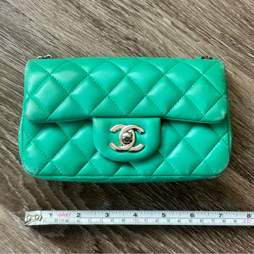 Chanel Extra Mini Flap Bag Turquoise Green Single Flap Lambskin Quilted Leather - Picture 12 of 15